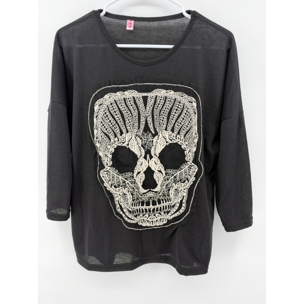 Women's Oversized Black Knit Top Embroidered Skull Graphic Sheer Halloween Goth